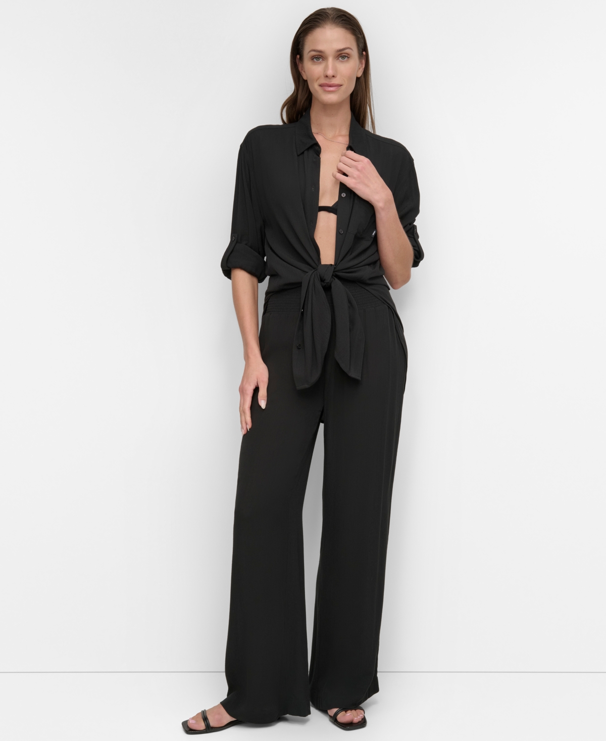 Dkny Women's Gauze Collared Button-front Beach Shirt In Black