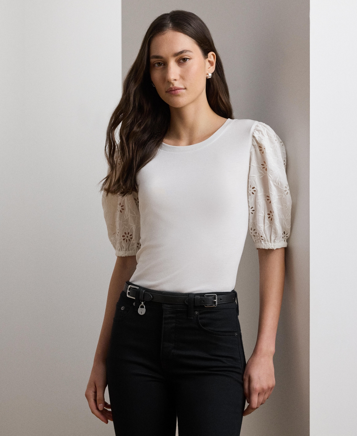 Women's Eyelet Jersey Puff-Sleeve Tee - White