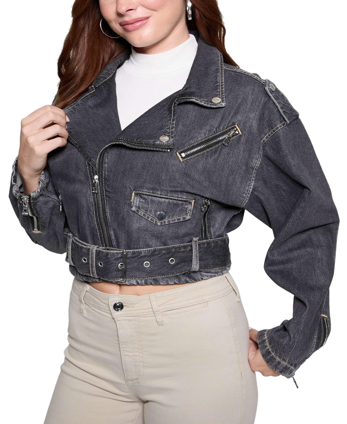 Shop Guess Women's Cropped Belted-hem Denim Moto Sandy Jacket In Tokyo Black