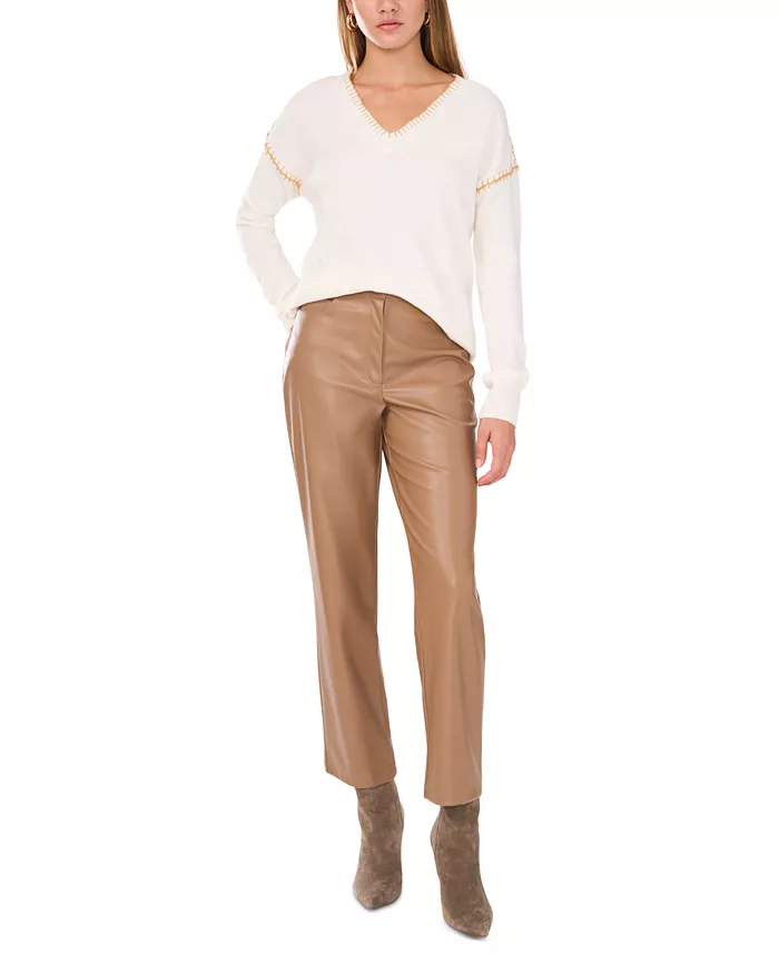 Women's V-Neck Whip-Stitch Trim Long-Sleeve Sweater - thumbnail 6