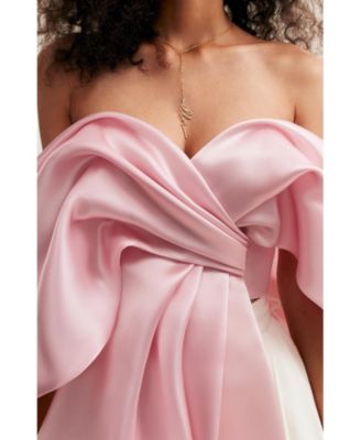 Women's Pink Organza Off-Shoulder Blouse With Mergue Flounces