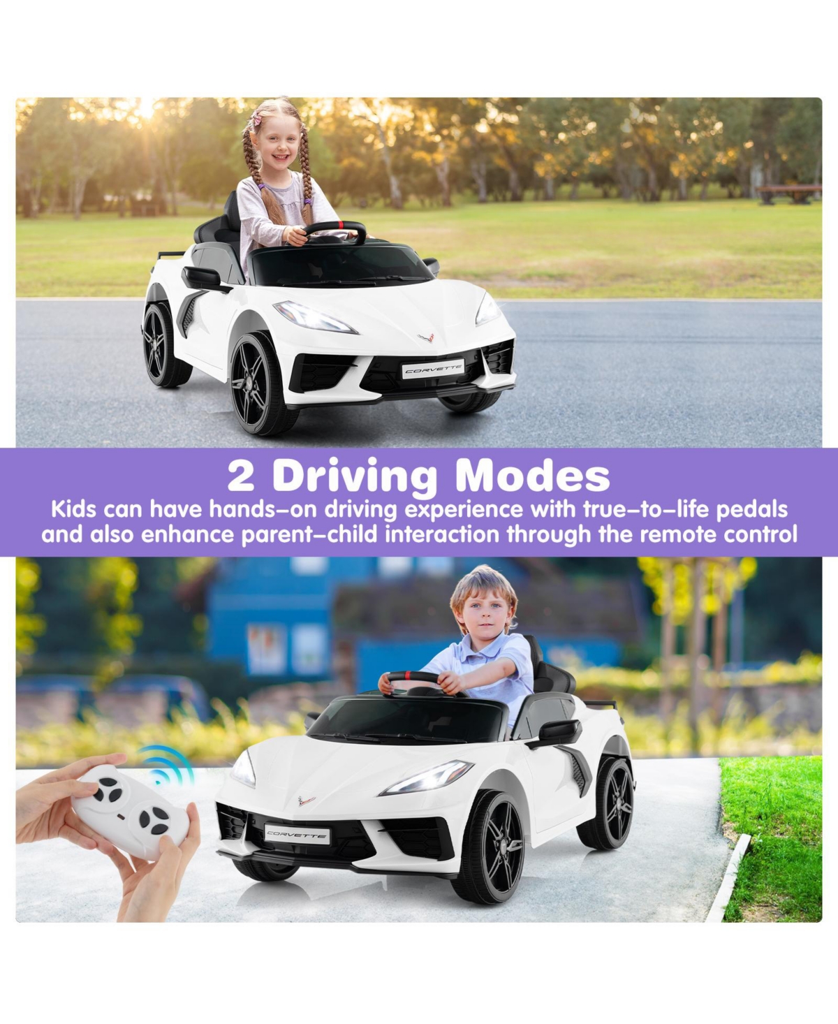Hongge 12V Electric Kids Ride On Car Licensed Chevrolet Corvette C8 with Remote Control Ages 3+ Years Old