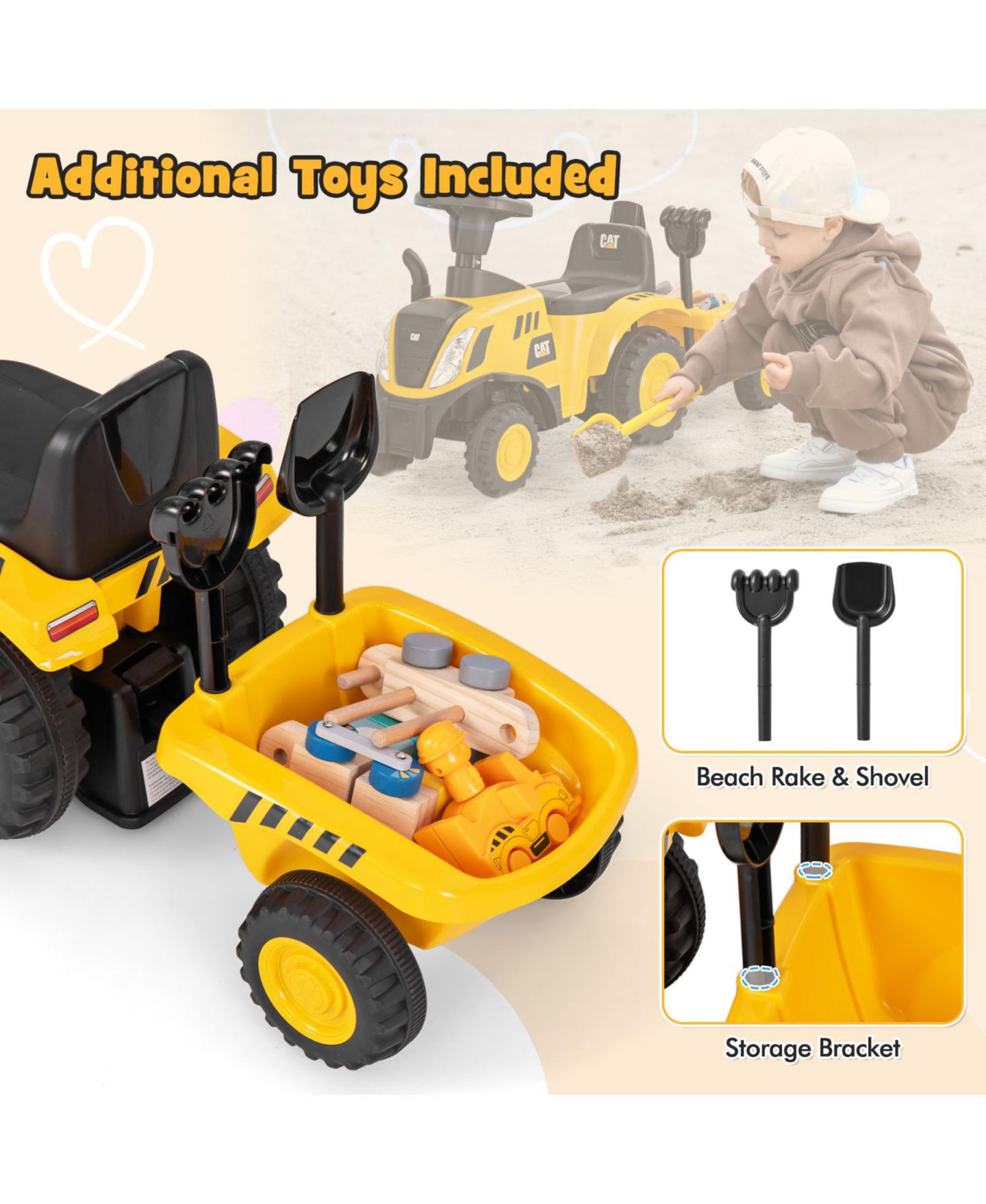 Детская игрушка HONGGE Kids Ride-On Tractor Licensed Caterpillar with Detachable Trailer, Ages 2+ — фото 6