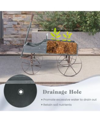 Wooden Wagon Plant Bed with Metal Wheels for Garden Yard Patio-Gray