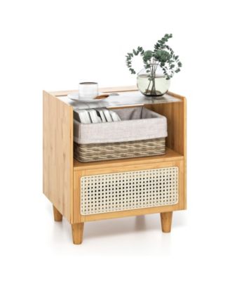 Bamboo Rattan Nightstand with Drawer and Solid Wood Legs-Natural