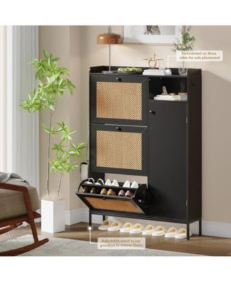 Cabinet Rattan Shoe Natural Rattan Freestanding Shoe Cabinet with 4 Open Storage Side Cabinet, Hidden Wood Shoe Rack, Rattan Shoe Storage Cabinet, for Entryway, Living Room, Porch,Black