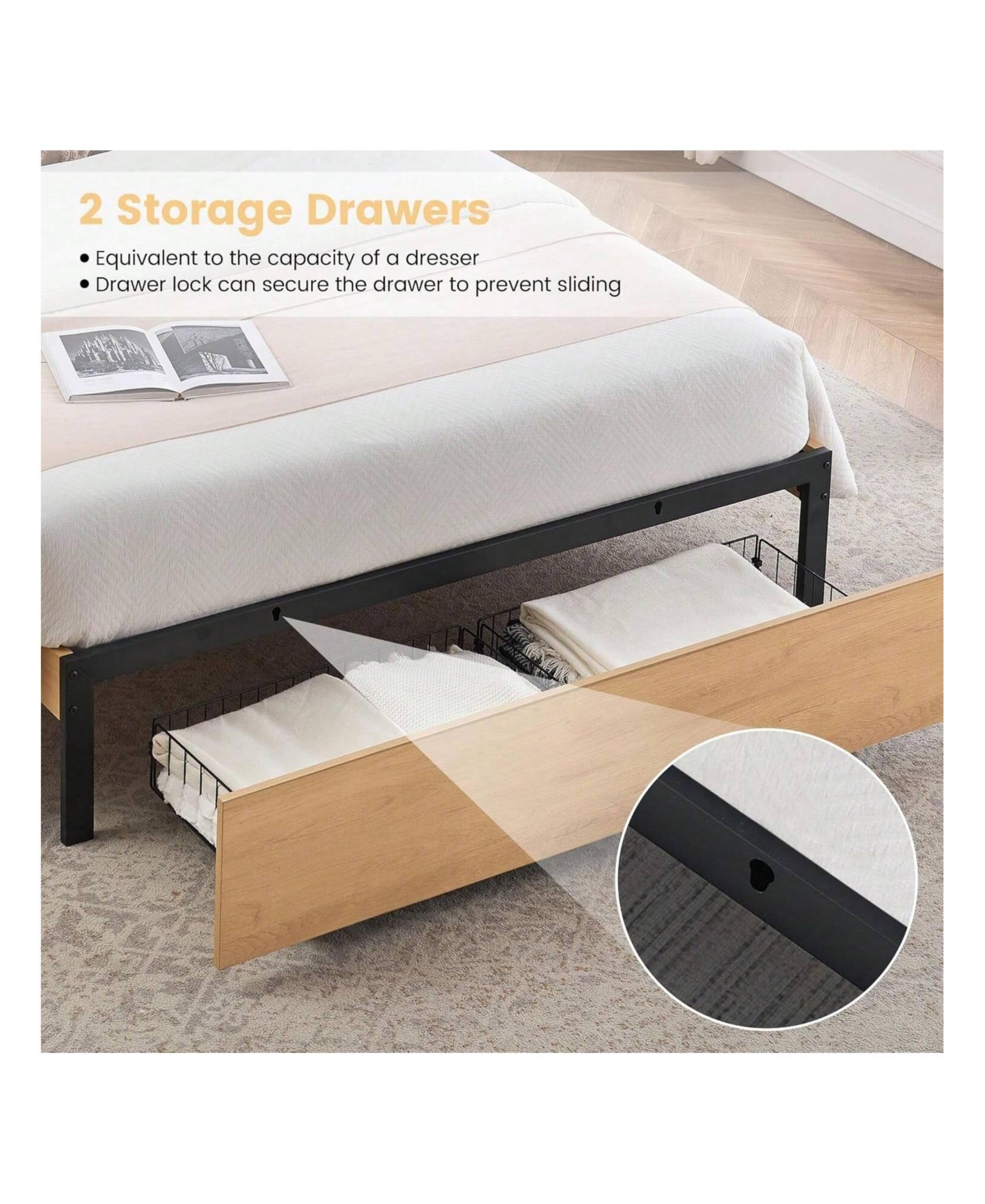 gaomon Queen Size Bed Frame With Natural Rattan Headboard, With Natural Rattan Headboard And 2 Storage Drawers, With Led And Metal Platform ,Boho Cane