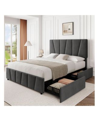 Bed Frame With Storage Drawers And Headboard, Upholstered Platform Bed Frame With Wooden Slats Support, No Box Spring Needed