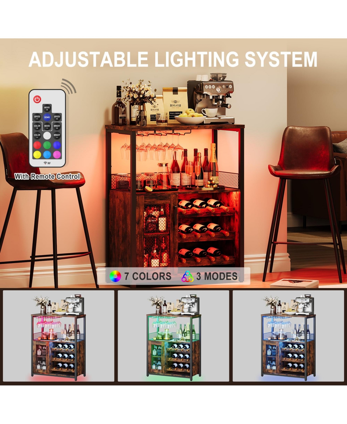 gaomon 3-Tier Wine Bar Cabinet with Led Lights, Detachable Wine Rack and Storage Space,Retro