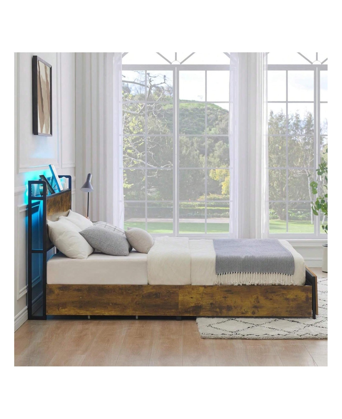 gaomon Platform Bed Frame With Storage Headboard And 6 Storage Drawers,Led Bed Frame With Socket And Usb Port,Batten Bracing,No Spring Box Neede