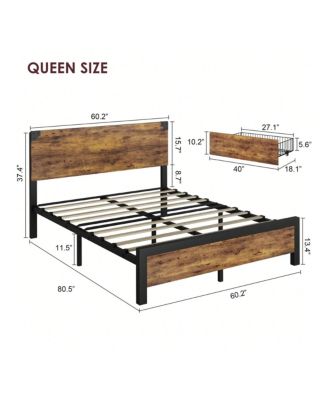 Full/Queen Bed Frame With 4 Drawers,Bed Frame With Storage, Full Metal Platform Bed Frame With Wood Headboard, Noise Free, No Box Spring Needed