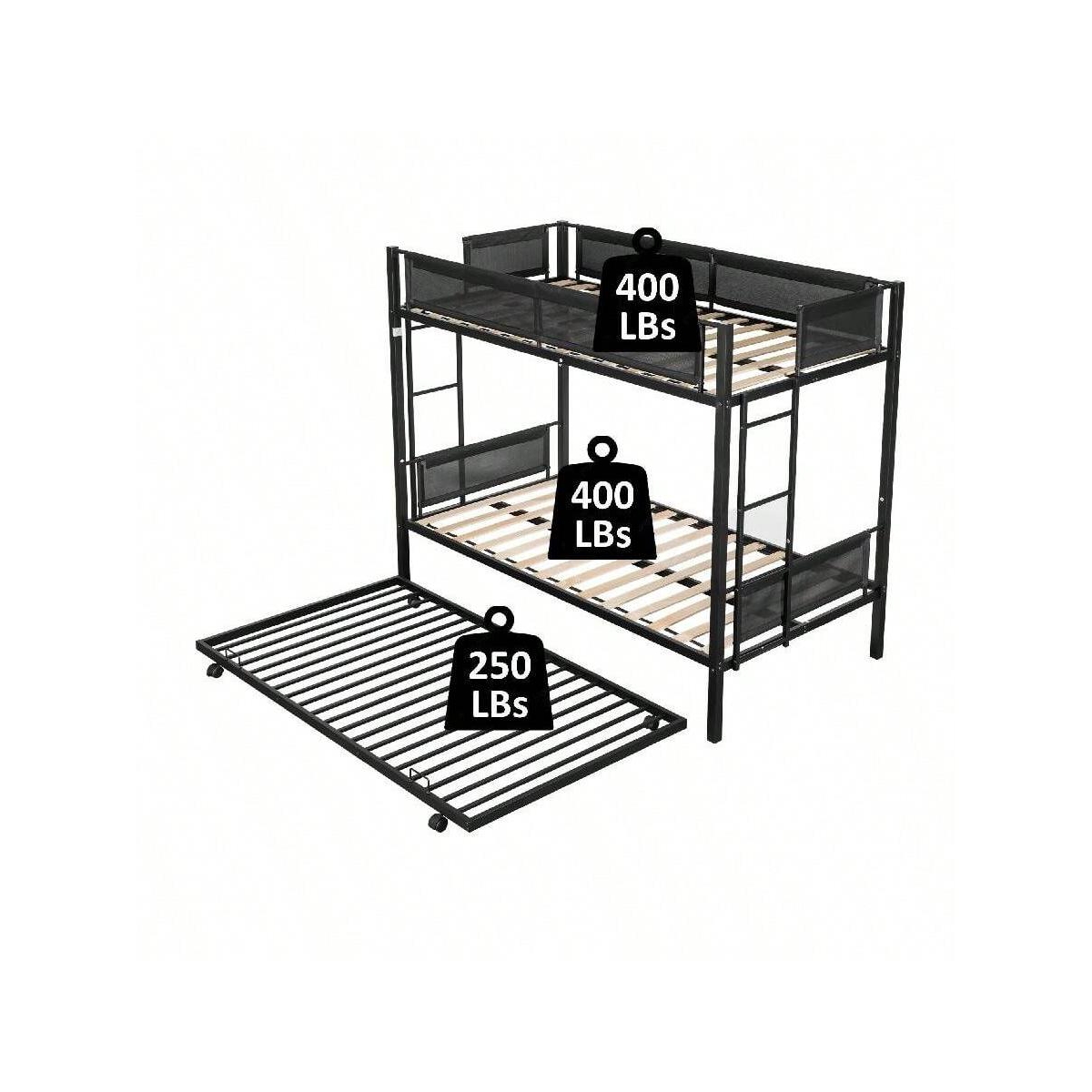 gaomon Over Bunk Bed With Trundle, Wood Slats, 2 Side Ladders, Guardrail Metal Bed Frame, No Spring Box Needed Sturdy Metal Frame For Bedroo