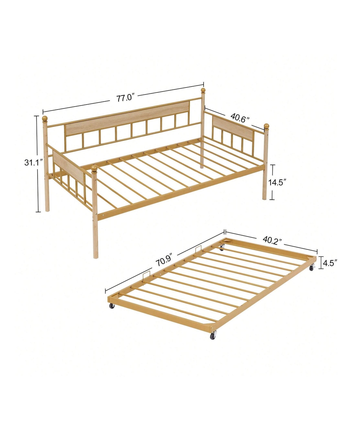 gaomon Metal Framed Daybed With Trundle Size, Sofa Bed Frame, Stable Steel Slats Support, No Box Spring Needed, Easy Assembly, For Indoor Living