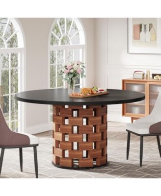Round Dining Table for 4–6, 47" Farmhouse Kitchen Table with Wood Block Base for Dining Room, Living Room, or Kitchen