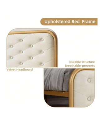 Full/Queen/King Size Upholstered Bed Frame, Velvet Upholstery, Button Tufted Curved Headboard, Sturdy Metal Slats, Noise-Free Platform Bed