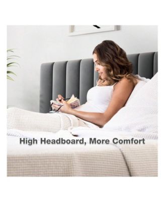 Platform Bed Frame With Adjustable Velvet Upholstered Headboard, Mattress Foundation With Wooden Slat Support, No Box Spring Needed, Dark Grey