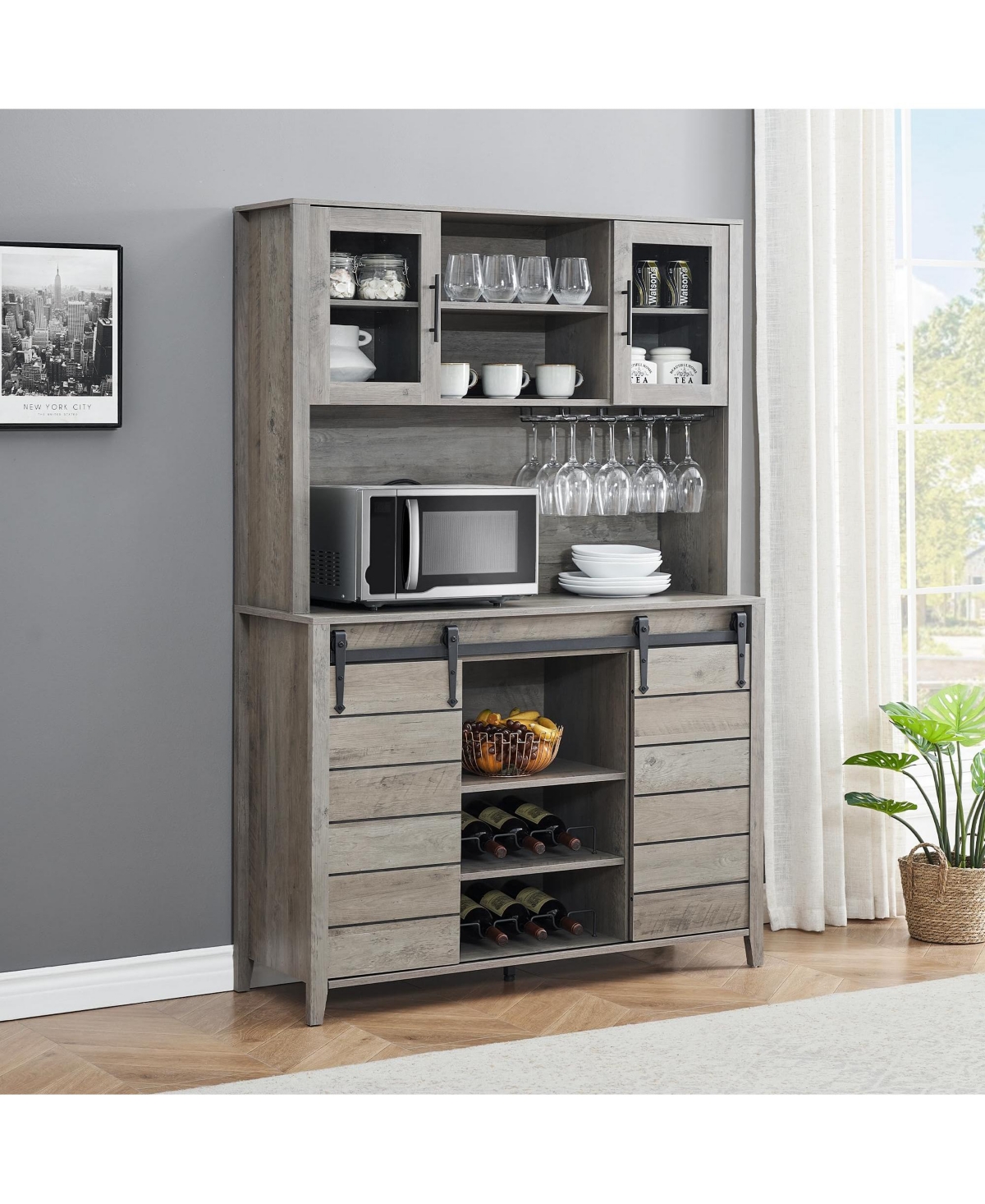 gaomon 70" Farmhouse Coffee Bar Wine Cabinet with Sliding Barn Doors and Storage, Tall Kitchen Hutch