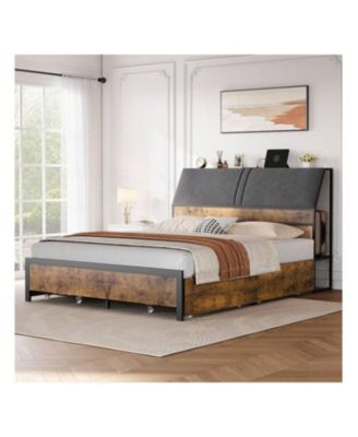 Full/Queen Size Vintage Style Bed Frame, Ergonomic Large Storage Bed With Four Under-Bed Drawers, Provides Superior Under-Bed And Backrest Storage Space, Comfortable Upholstered Backrest, No Box Spring Mattress Required,No Noise