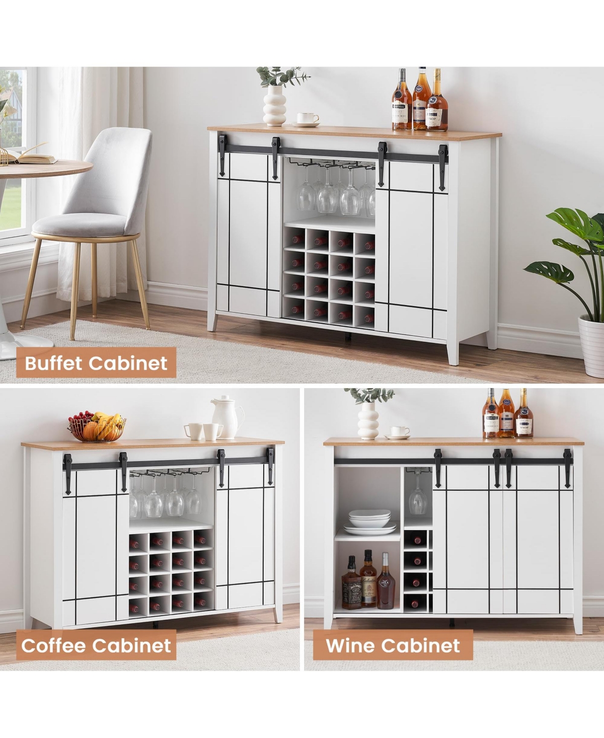 gaomon Farmhouse Coffee Bar Cabinet with Storage, 47 Wine Bar Cabinet with Sliding Barn Door, Buffet Sideboard Cabinet