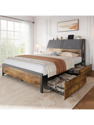 Full/Queen Size Vintage Style Bed Frame, Ergonomic Large Storage Bed With Four Under-Bed Drawers, Provides Superior Under-Bed And Backrest Storage Space, Comfortable Upholstered Backrest, No Box Spring Mattress Required,No Noise