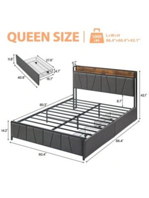 Bed Frame With Storage Headboard And 2 Drawers, Linen Upholstered Platform Bed Frame With Charging Station, Heavy Duty, No Box Spring Needed, Easy Assembly, Noise Free