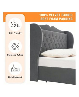 Bed Frame With Charging Station And 4 Storage Drawers, Velvet Upholstered Tall Tufted Wingback Headboard And Storage Shelf, No Box Spring Needed, Easy Assembly
