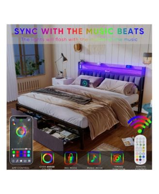 Full Size Bed Frame With Storage Headboard, 2 Drawers, Charging Station LED Upholstered Bed Frame, No Box Spring Needed Platform Bed Frame For Bedroom, Guest Room