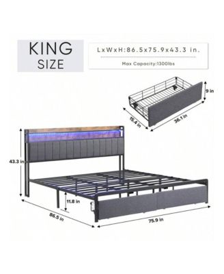Full Size Bed Frame With Storage Headboard, 2 Drawers, Charging Station LED Upholstered Bed Frame, No Box Spring Needed Platform Bed Frame For Bedroom, Guest Room