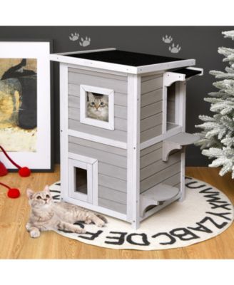 2-Story Wooden Cat House with Escape Door Rainproof
