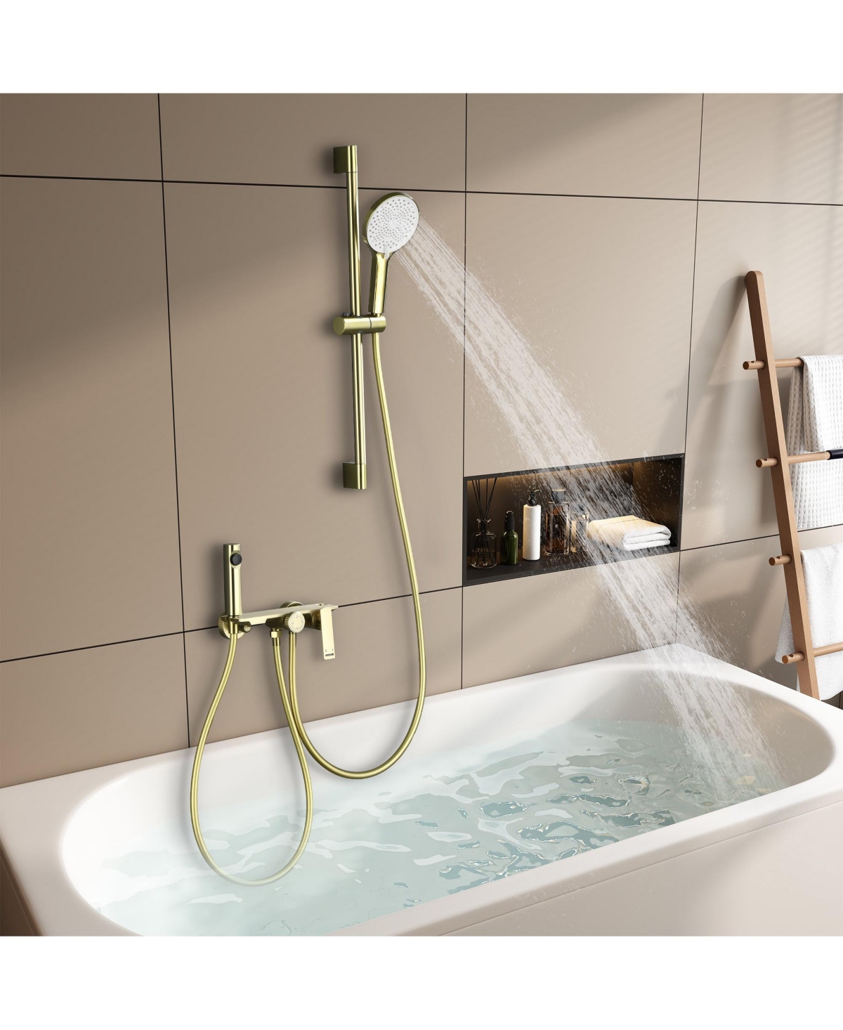 Mondawe3-Functiom Tub and Shower Faucet with Rough-in Value and Handheld Spray - Brushed gold