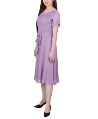 Women's Short Sleeve Belted Swiss Dot Dress
