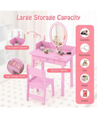 Kids Vanity Set with Lighted Mirror Chair 2-Color LED Lighting for Girls Makeup