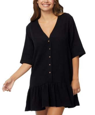 Juniors' Sol Cotton V-Neck Elbow-Sleeve Cover-Up