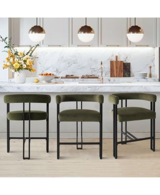 Set of 3 Modern Velvet Counter Stools,Armrest Counter Chairs for Kitchen with 3 Legs Design