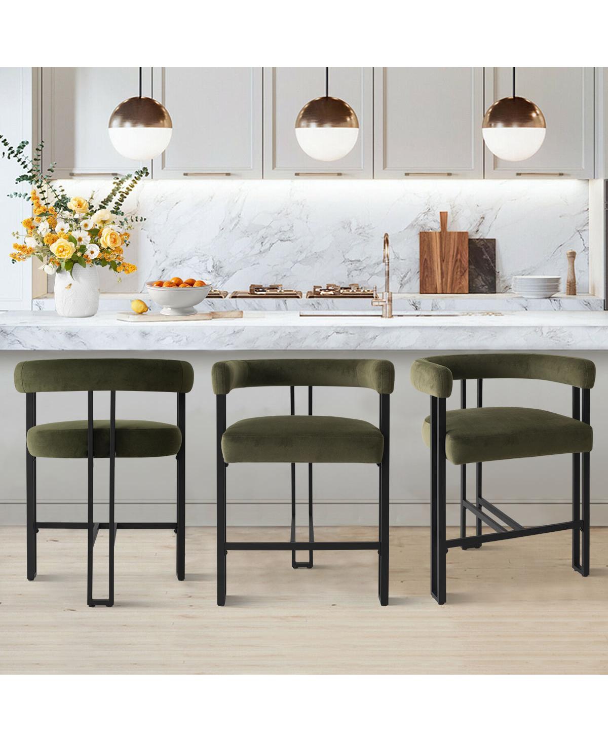 Maison Boucle Set of 3 Modern Velvet Counter Stools,Armrest Bar Stools for Kitchen with 3 Legs Design-Maison Boucle