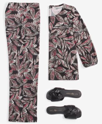 Jones New York Womens Printed Moss Crepe Button Shoulder Top Wide Leg Pull On Pants
