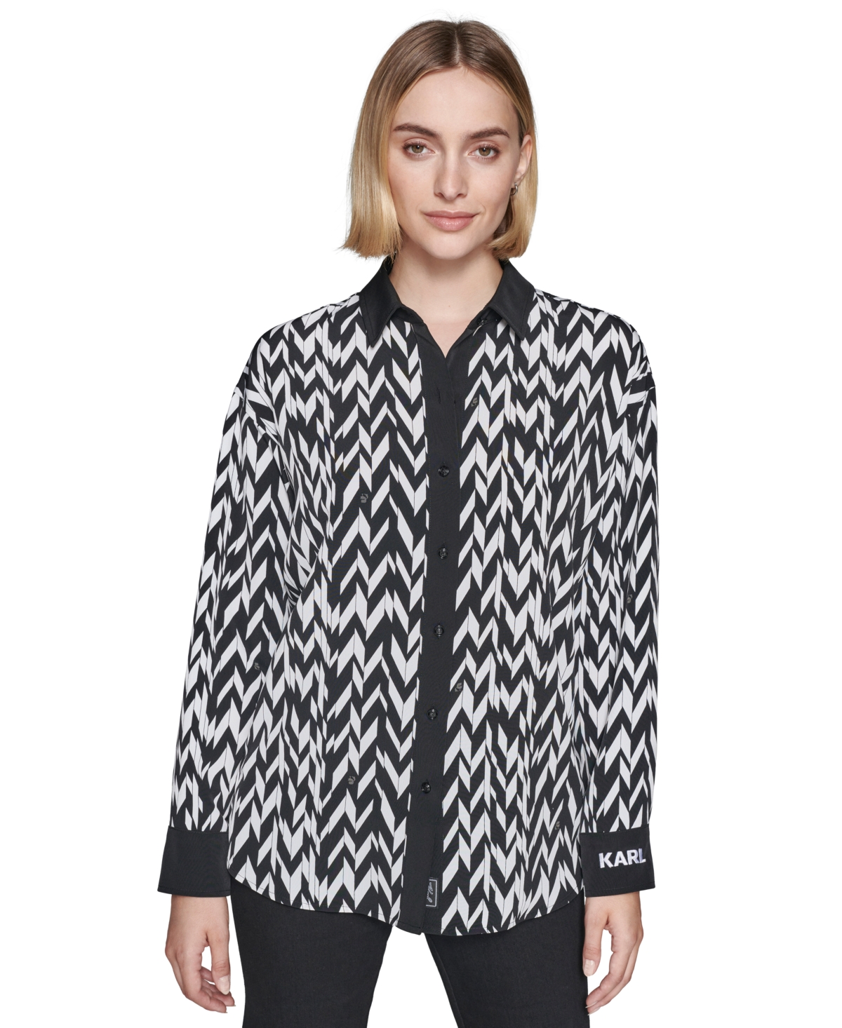 KARL LAGERFELD WOMEN'S PRINTED CONTRAST-TRIM BUTTON-FRONT TOP 