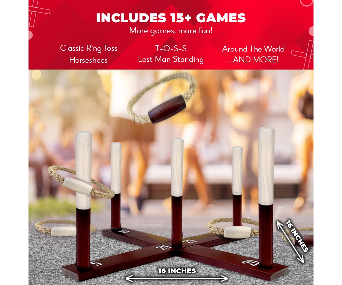 Swooc Rustic Ring Toss Outdoor Game (All Weather) - 15+ Games Included - Vintage Wood & Rope Ring Toss Yard Game - Toss Game
