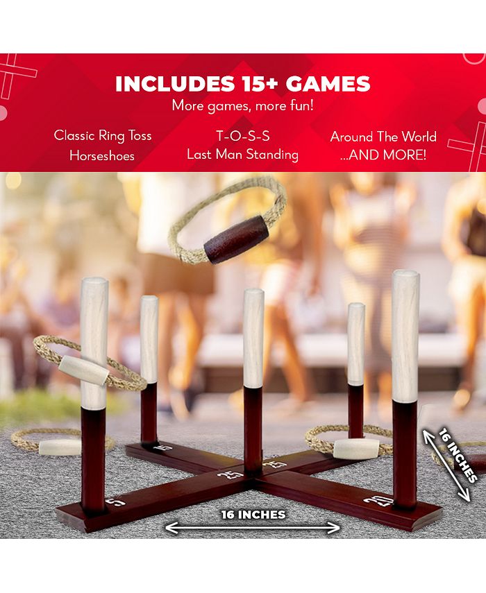 SWOOC Rustic Ring Toss Outdoor Game (All Weather) - 15  Games Included - Vintage Wood & Rope Ring Toss Yard Game - Toss Game - Brown - Medium