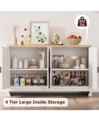 Buffet Cabinet with Storage, Sideboard Kitchen Storage Cabinet with 4 Rattan Decorated Doors