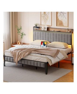 Full/Queen/King Size Bed Frame With Charging Station, LED Bed Frame With Storage Headboard, Upholstered Platform Bed Frame, No Box Spring Needed, Easy Assembly