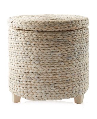 17&amp;#x22; Round Storage Ottoman with Lid - Whitewash, Handwoven Footstool for Living Room, Bedroom, Bathroom, Home Office