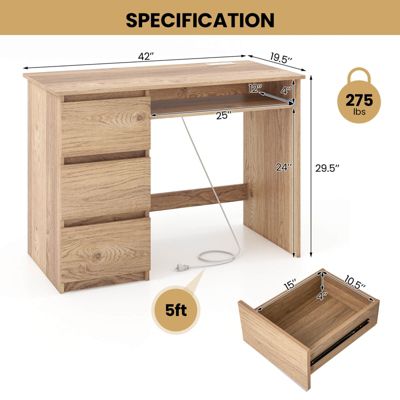 Computer Desk with Power Outlet Keyboard Tray & 3 Large Drawers Type-C & USB Ports