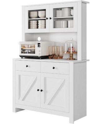 Kitchen Pantry Cabinet with Microwave Stand, Freestanding Hutch Cabinet with Buffet Cupboard,White