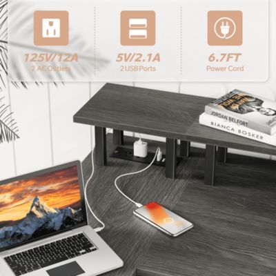 L-Shaped Desk with Power Outlets, LED Lights, and Monitor Stand, 47-inch Corner Desk for Home Office, Dark Gray