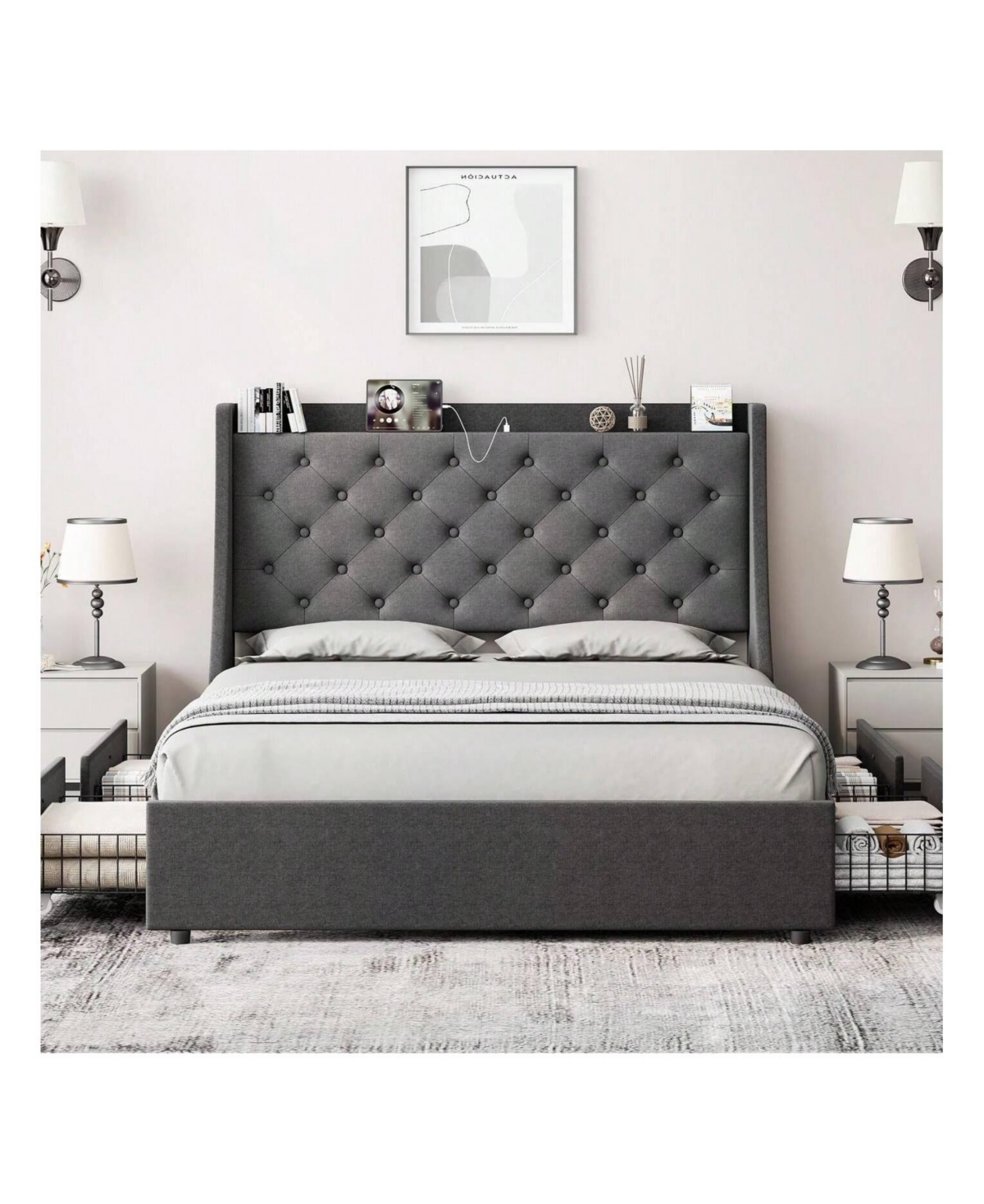 gaomon Full /Queen Bed Frame With 4 Storage Drawers, Platform Bed With Type-c & Usb Port And Charging Station, Upholstered Wingback Headboard And Stor