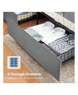 Upholstered Bed Frame With Charging Station Headboard & 4 Storage Drawers, Platform Bed Frame Mattress Foundation With Wooden Slats Support, No Box Spring Needed