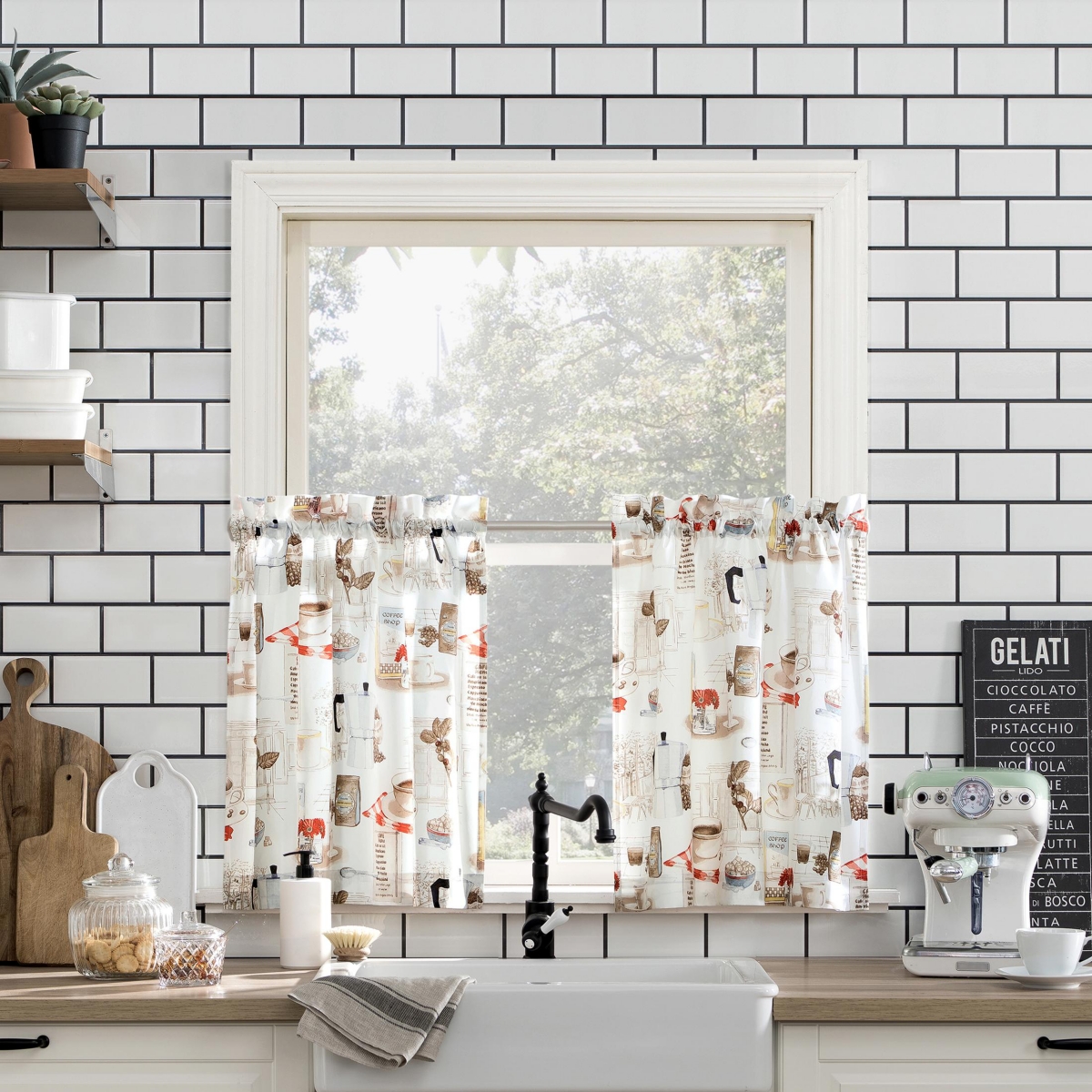 Brew Coffee Shop Semi-Sheer Rod Pocket Kitchen Curtain Valance and Tiers Set