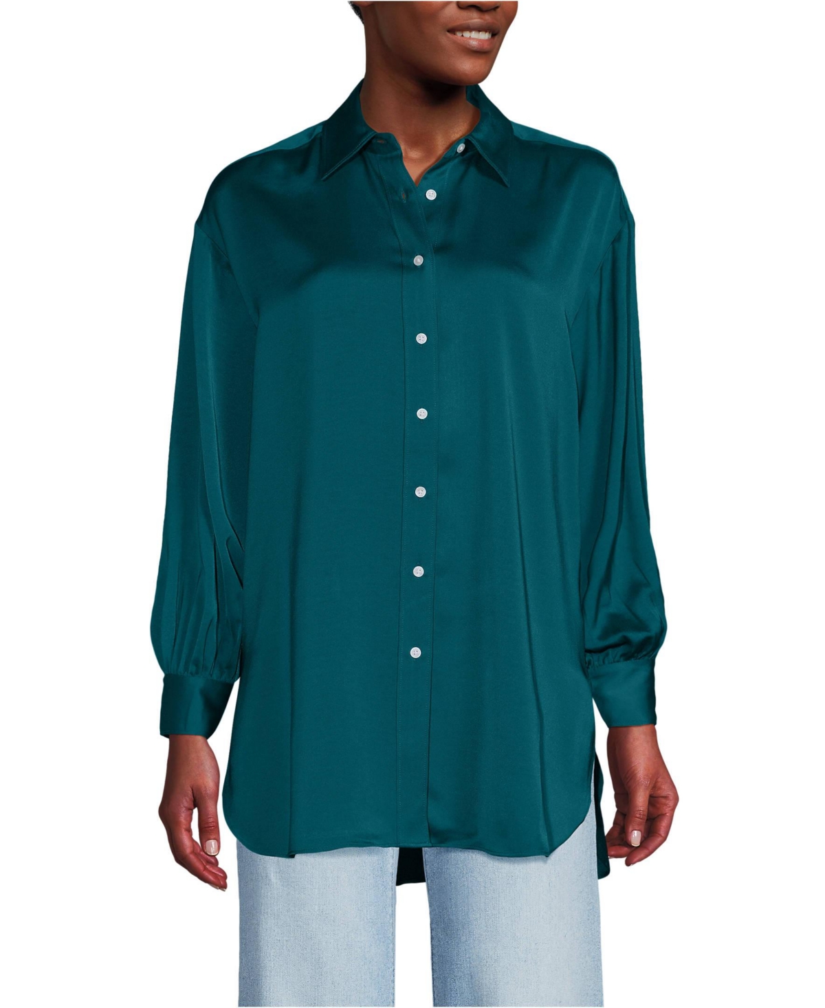 Lands' End Women's Long Sleeve Oversized Satin Buttondown Tunic