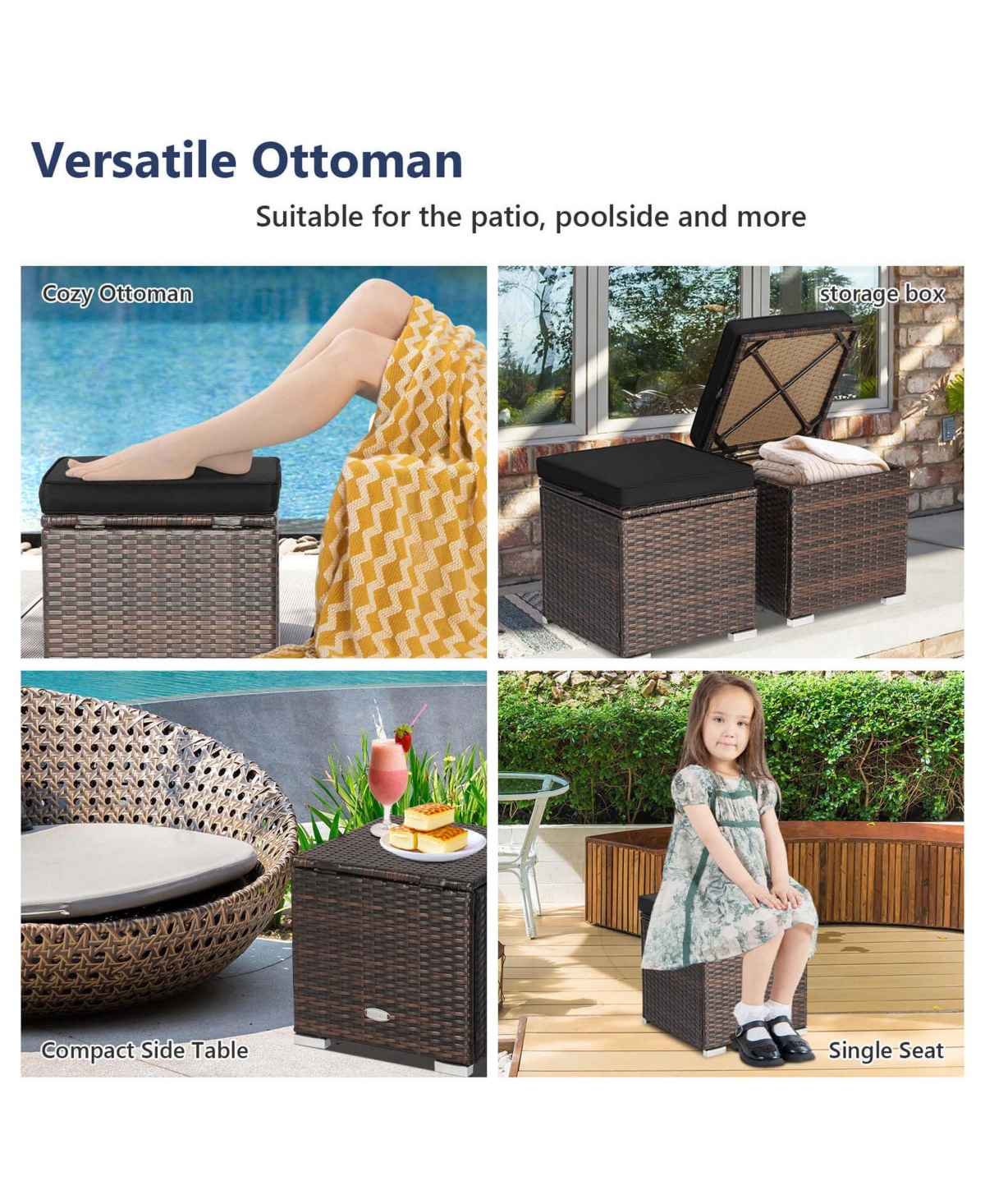 2PCS Patio Rattan Ottomans Seat Side Table Storage Box Footstool with Cushion